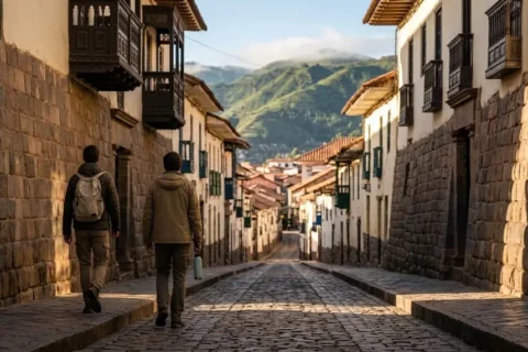 Viajeros caminando despacio por una calle empedrada de Cusco al amanecer para aclimatarse antes del Camino Inca o Salkantay