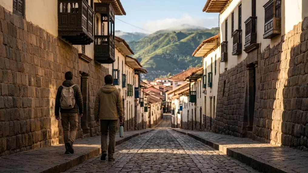 Viajeros caminando despacio por una calle empedrada de Cusco al amanecer para aclimatarse antes del Camino Inca o Salkantay
