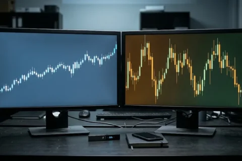 Dos pantallas lado a lado muestran un gráfico de divisas estable y otro de criptomonedas volátil, para comparar un bróker de forex o de criptomonedas