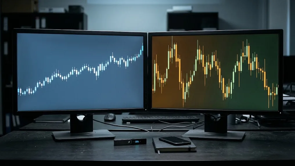 Dos pantallas lado a lado muestran un gráfico de divisas estable y otro de criptomonedas volátil, para comparar un bróker de forex o de criptomonedas
