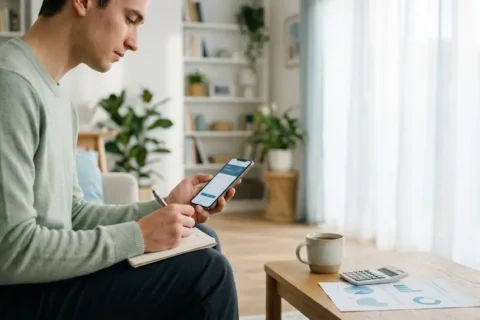 Joven profesional anota en una libreta cómo empezar a invertir en Uruguay mientras revisa en su celular opciones de ahorro a plazo