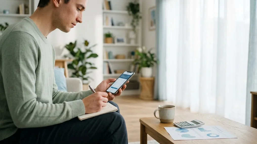 Joven profesional anota en una libreta cómo empezar a invertir en Uruguay mientras revisa en su celular opciones de ahorro a plazo