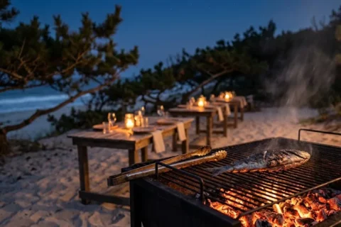 Pescado entero sobre una parrilla con brasas y mesas con velas sobre la arena al anochecer, para decidir dónde comer en Punta del Este