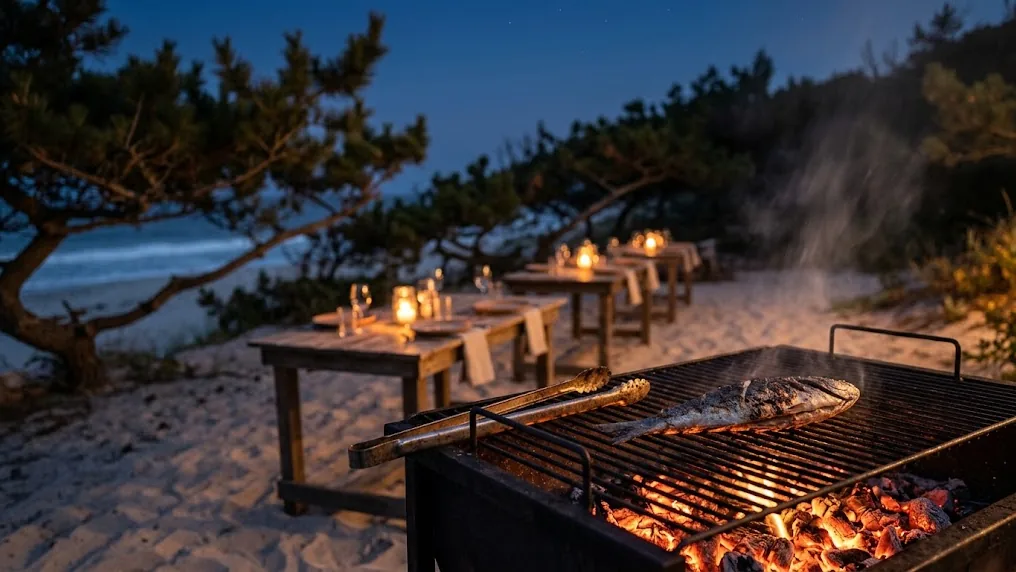 Pescado entero sobre una parrilla con brasas y mesas con velas sobre la arena al anochecer, para decidir dónde comer en Punta del Este