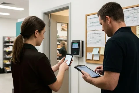 Empleada de un comercio revisa en su teléfono un error en el registro horario de su turno junto a un supervisor que corrige la marca en una tablet
