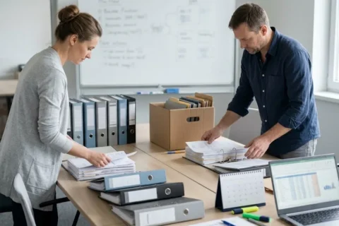 Equipo administrativo de una empresa ordena carpetas y balances sobre una mesa para responder a una inspección de la DGI con documentación completa