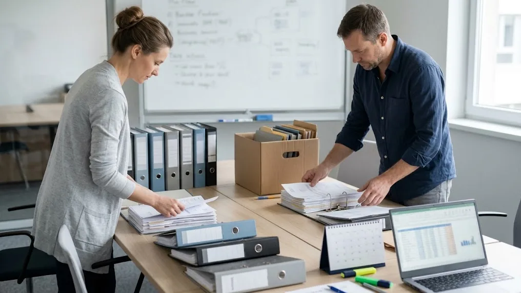 Equipo administrativo de una empresa ordena carpetas y balances sobre una mesa para responder a una inspección de la DGI con documentación completa