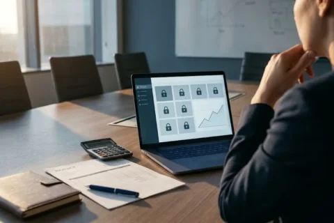 Gerente que revisa en una laptop licencias y módulos de su sistema de gestión, escena sobre las limitaciones del software enlatado al renovar