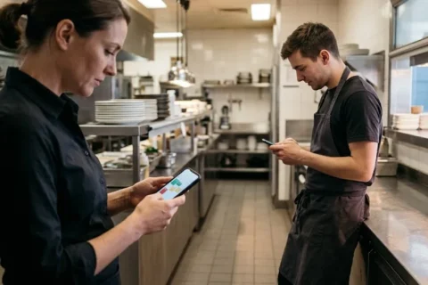 Encargada de un restaurante revisa la programación de turnos en el móvil mientras un camarero recibe una notificación de turno abierto en su teléfono
