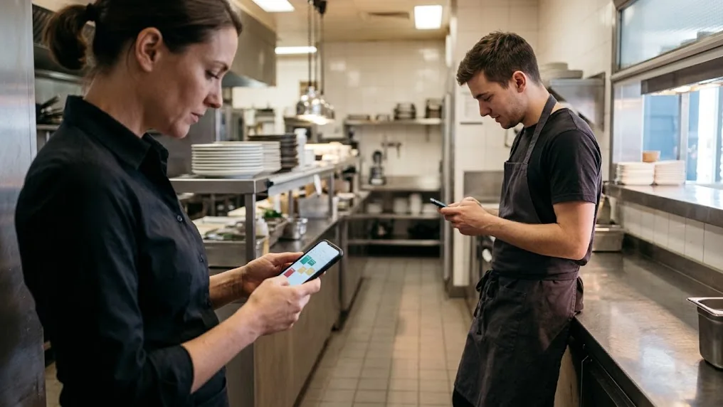 Encargada de un restaurante revisa la programación de turnos en el móvil mientras un camarero recibe una notificación de turno abierto en su teléfono