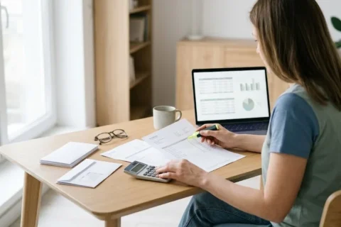 Mujer revisa en su escritorio el resumen anual de varias cuentas bancarias para entender qué información reporta el CRS al fisco