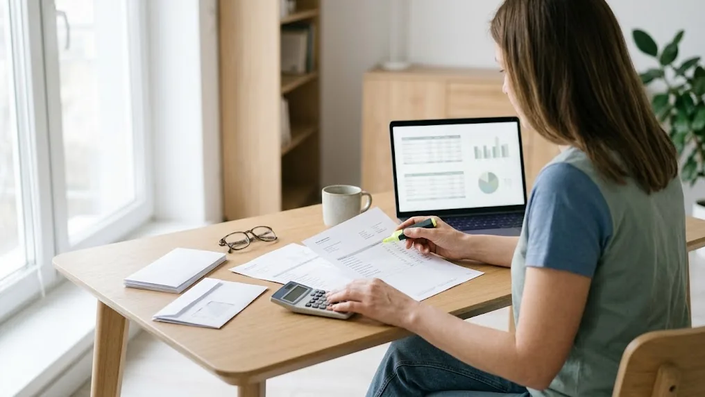 Mujer revisa en su escritorio el resumen anual de varias cuentas bancarias para entender qué información reporta el CRS al fisco