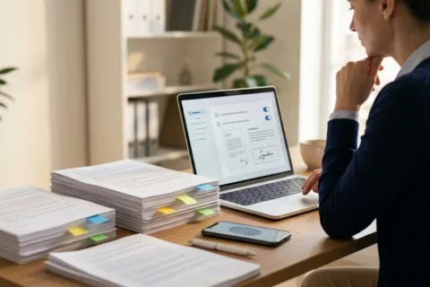 Responsable de administración evalúa en su escritorio qué plataforma de firma electrónica elegir, con contratos impresos y una laptop