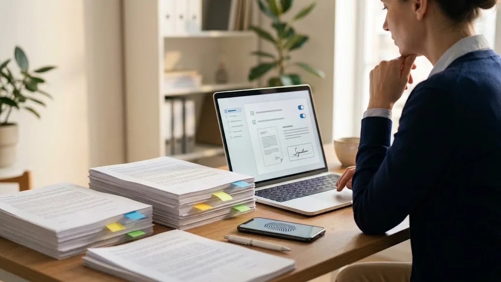 Responsable de administración evalúa en su escritorio qué plataforma de firma electrónica elegir, con contratos impresos y una laptop