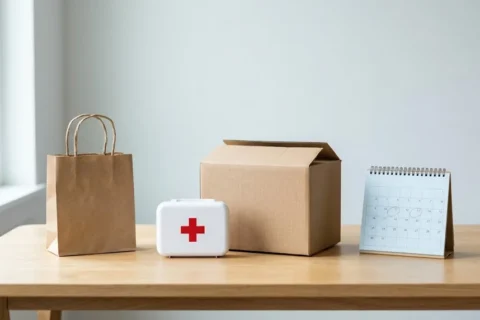 Tres formas de recibir tu botiquín sin pagar envío: una bolsa de retiro, una caja de entrega a domicilio y un calendario de entregas recurrentes