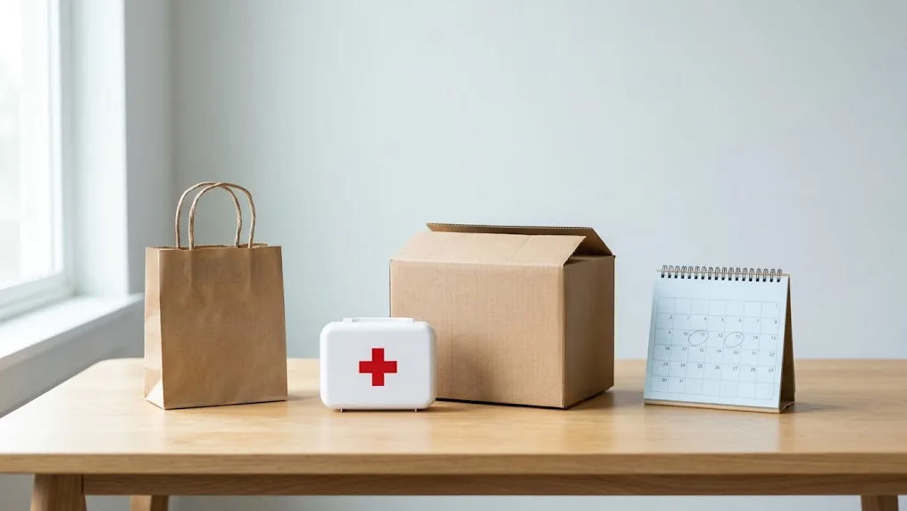 Tres formas de recibir tu botiquín sin pagar envío: una bolsa de retiro, una caja de entrega a domicilio y un calendario de entregas recurrentes