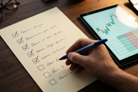 Lista de verificación en papel con ocho casillas junto a una tableta con un gráfico de divisas, los requisitos de un buen bróker forex