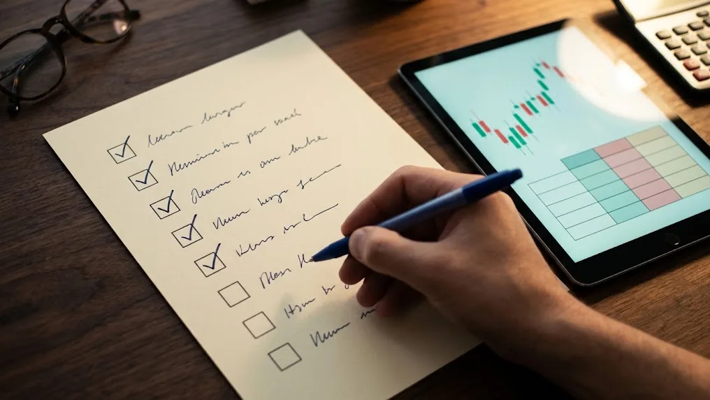 Lista de verificación en papel con ocho casillas junto a una tableta con un gráfico de divisas, los requisitos de un buen bróker forex