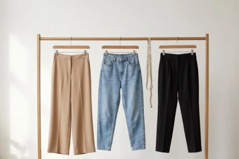Tres pantalones de mujer colgados en un perchero, un wide leg, un mom y un sastrero, para comparar tiro y corte según el tipo de cuerpo