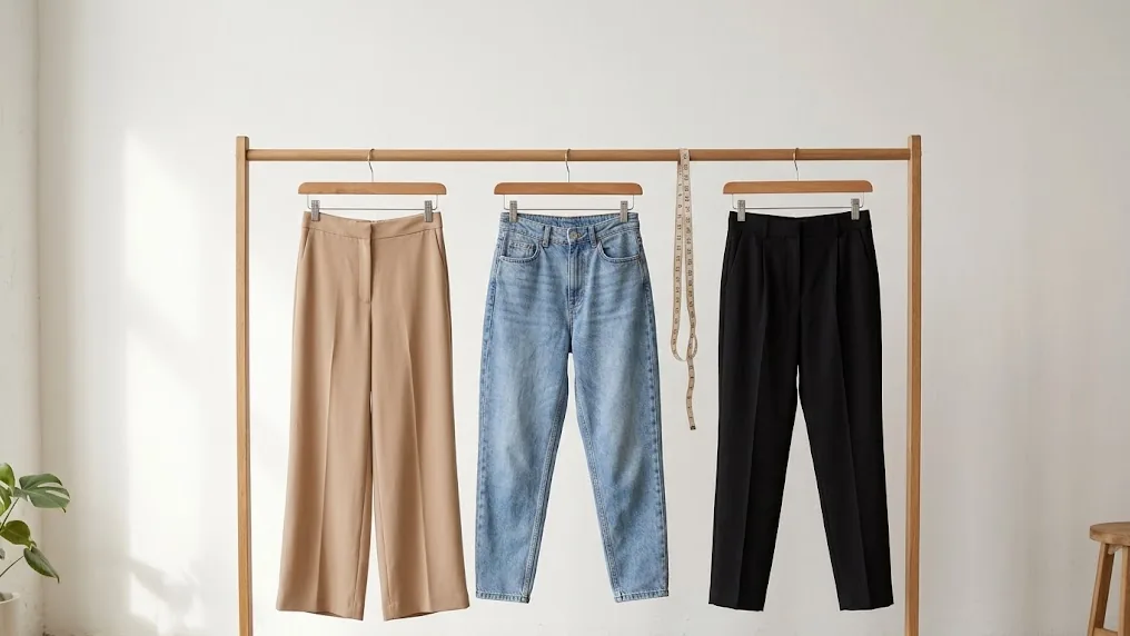 Tres pantalones de mujer colgados en un perchero, un wide leg, un mom y un sastrero, para comparar tiro y corte según el tipo de cuerpo